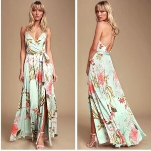 Lulus Sage Green Floral Floor Length Dress Womens Size L Tropical Wedding Guest